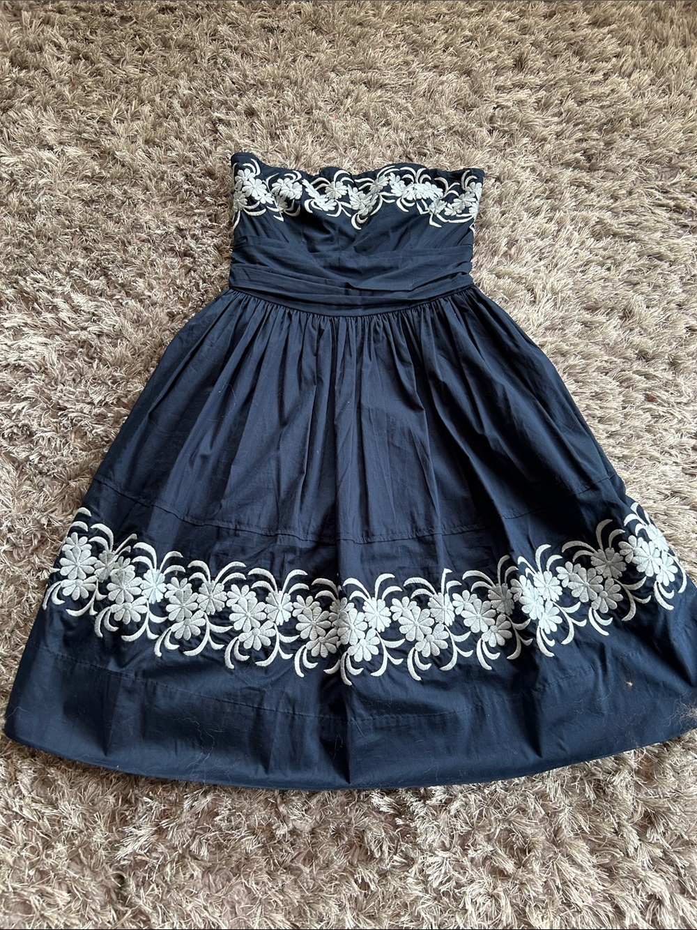 Strapless Black Dress with Cream Floral Embroidery